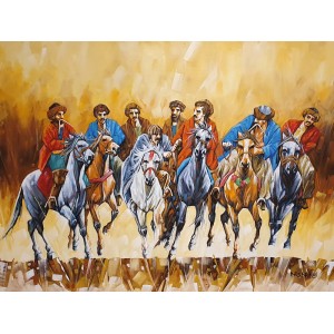 Momin Khan, 36 x 48 Inch, Acrylic on Canvas, Buzkashi Painting, AC-MK-126